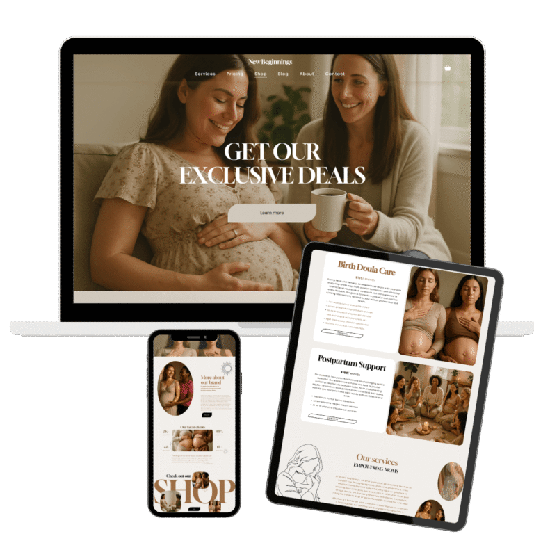 Clean and professional doula website template with structured layouts to guide potential clients. Perfect for explaining your services, sharing testimonials, and offering prenatal education.