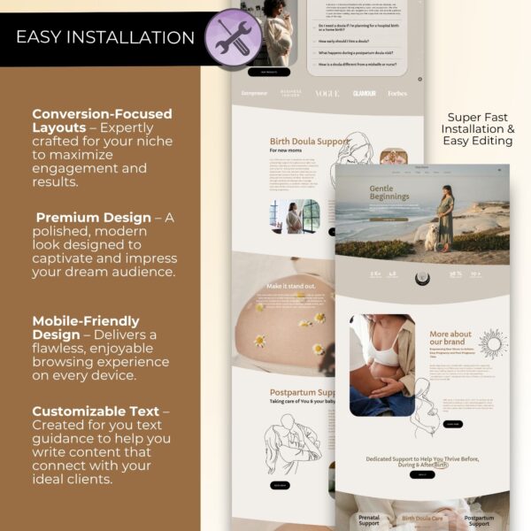 Doula Website Template in Squarespace, Website Theme: Midwife, Birth Worker, Lactation Consultant