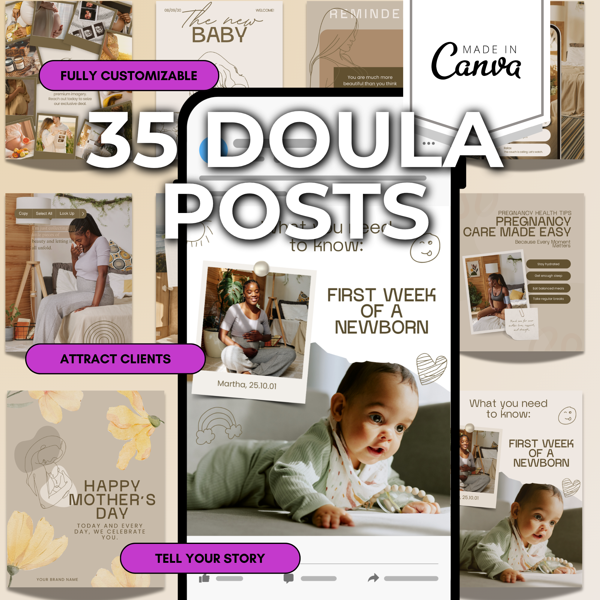35 Doula Canva Templates for social media | Birth Worker, Midwife, Lactation Consultant